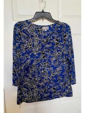 JM Collection Women's Blue and Black Patterned Long Sleeve Top Size Small